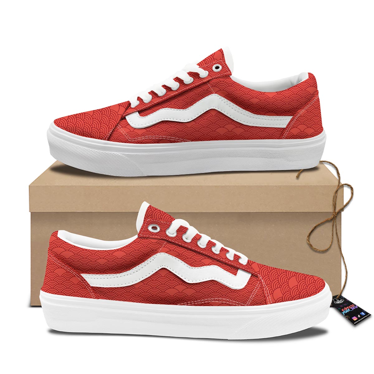 Wave Red Japanese Print Pattern Skate Shoes-grizzshop