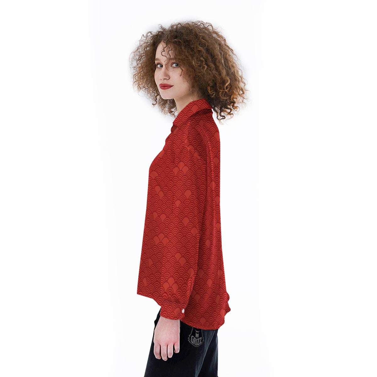 Wave Red Japanese Print Pattern Women's Long Sleeve Shirts-grizzshop