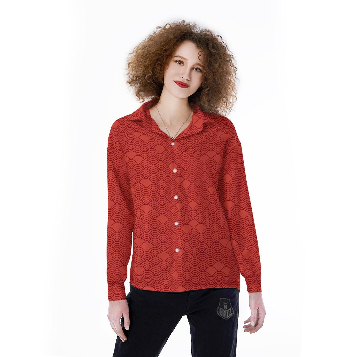 Wave Red Japanese Print Pattern Women's Long Sleeve Shirts-grizzshop