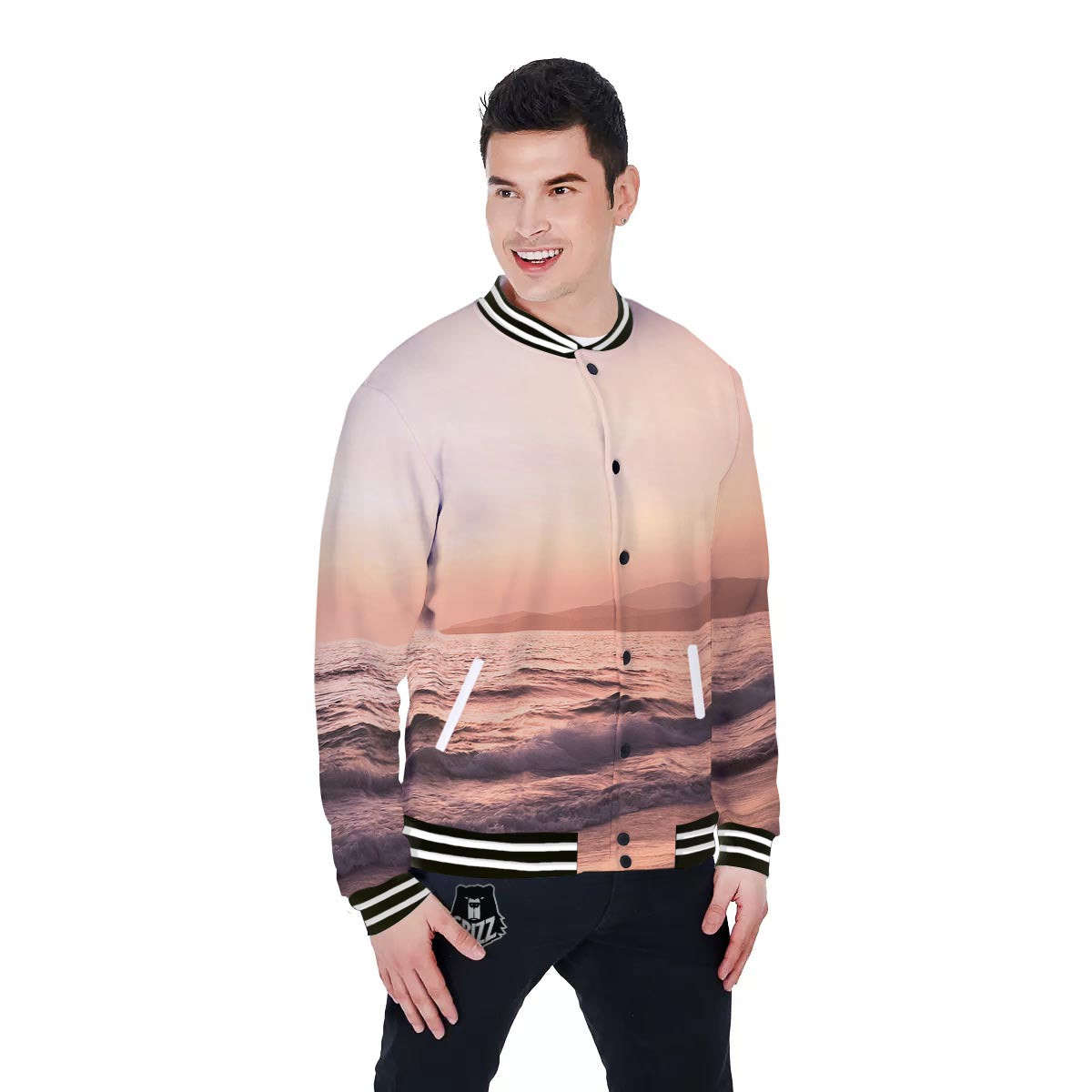 Wave Sunrise Print Baseball Jacket-grizzshop