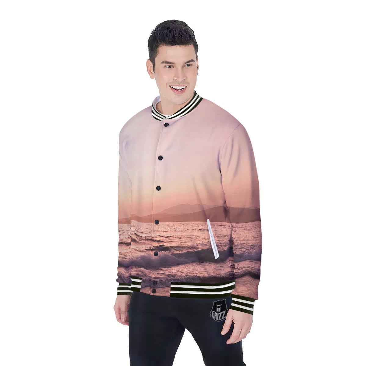 Wave Sunrise Print Baseball Jacket-grizzshop