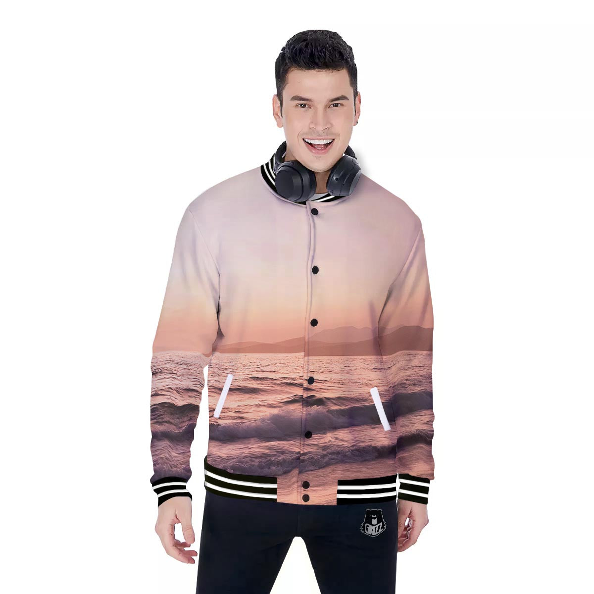 Wave Sunrise Print Baseball Jacket-grizzshop