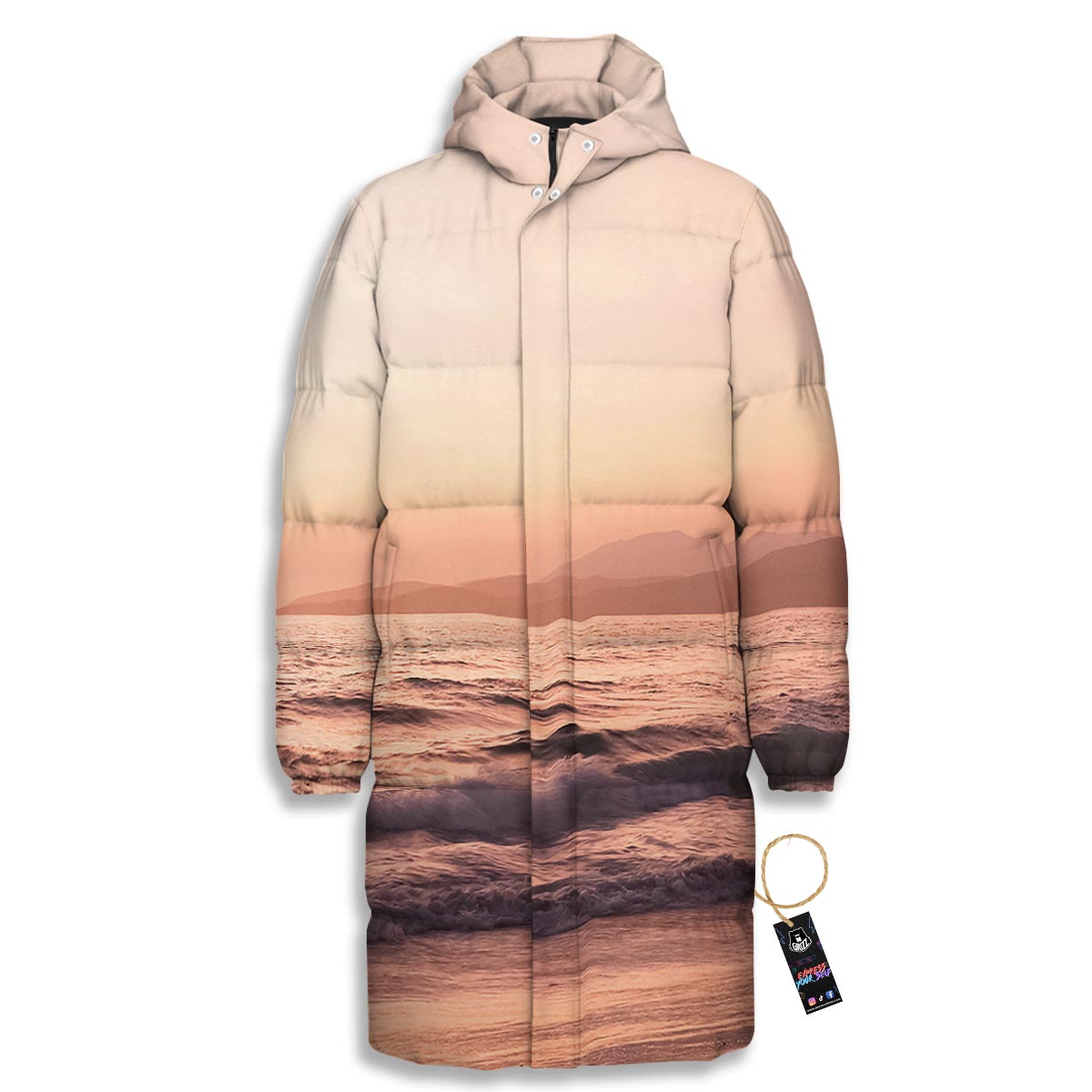Wave Sunrise Print Long Down Jacket-grizzshop