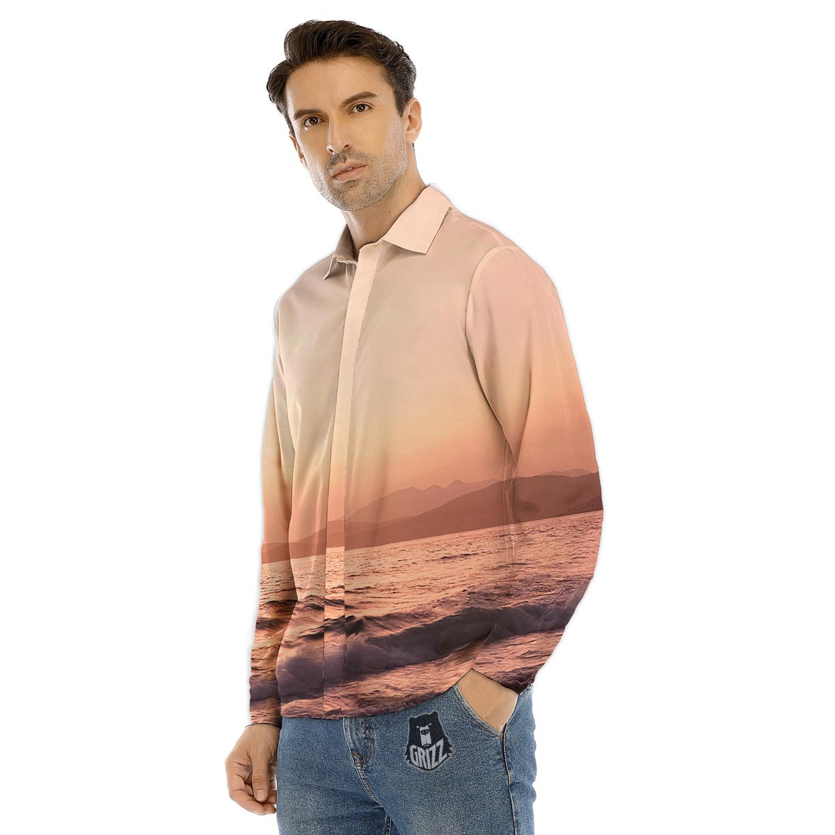 Wave Sunrise Print Men's Dress Shirts-grizzshop