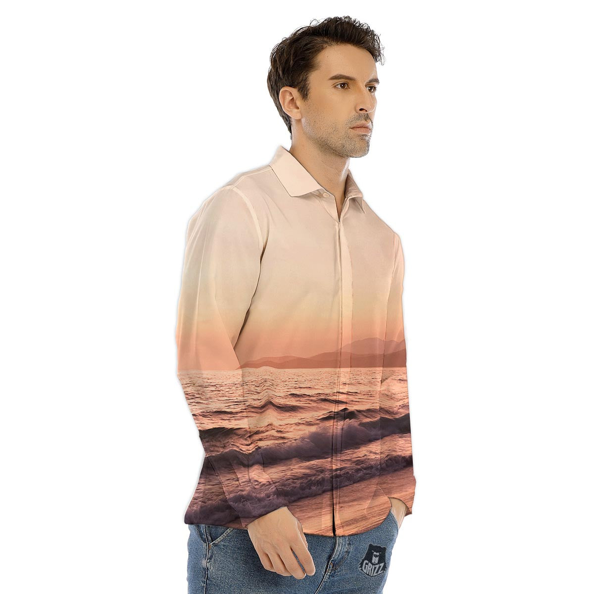 Wave Sunrise Print Men's Dress Shirts-grizzshop