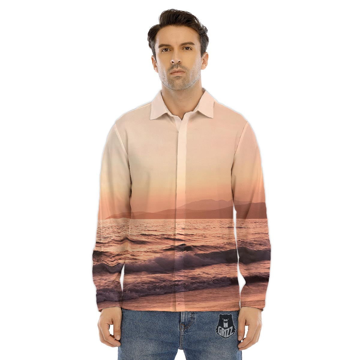 Wave Sunrise Print Men's Dress Shirts-grizzshop