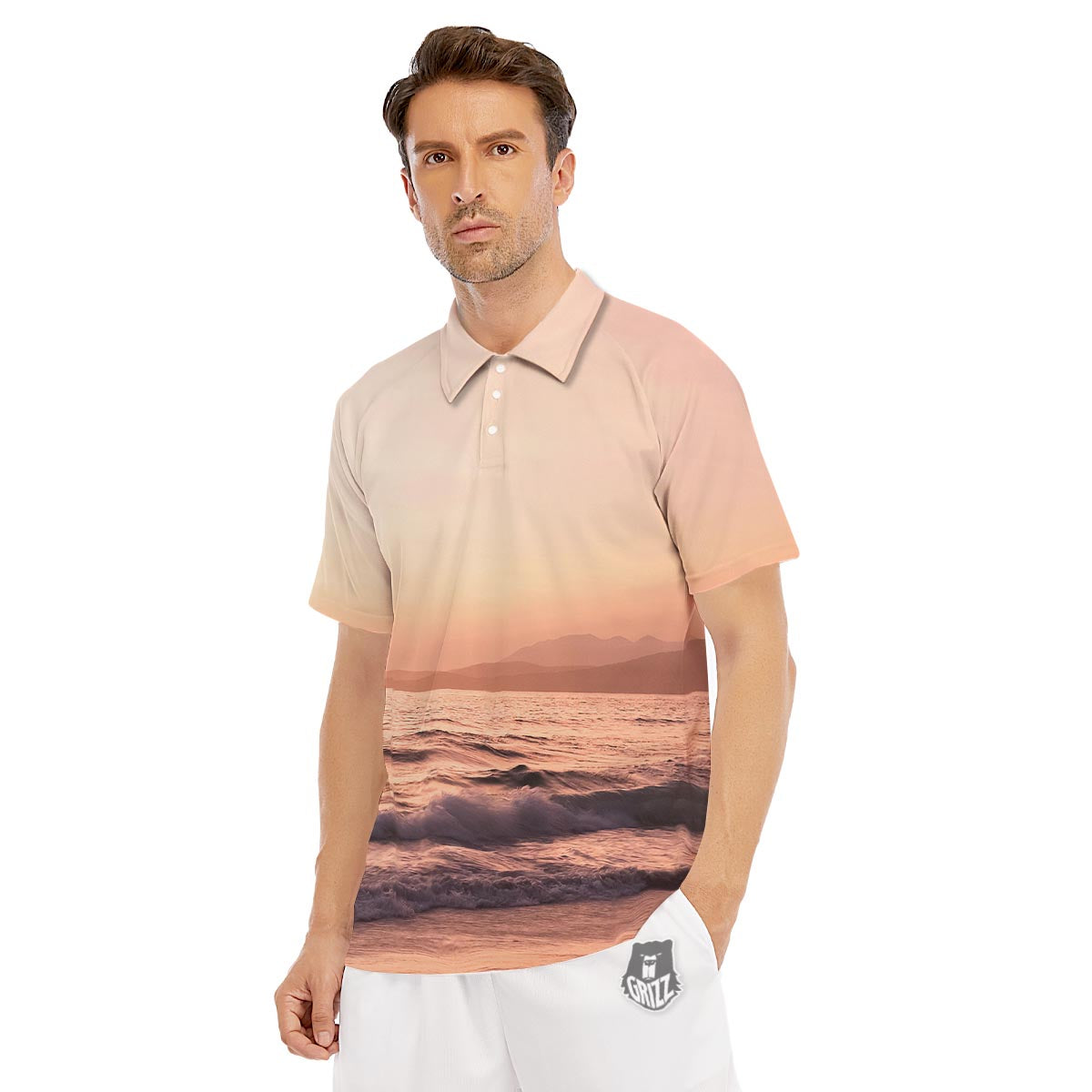 Wave Sunrise Print Men's Golf Shirts-grizzshop