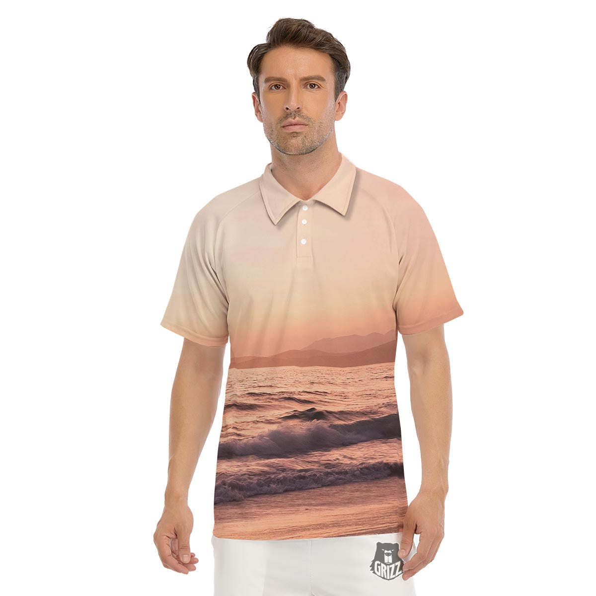 Wave Sunrise Print Men's Golf Shirts-grizzshop