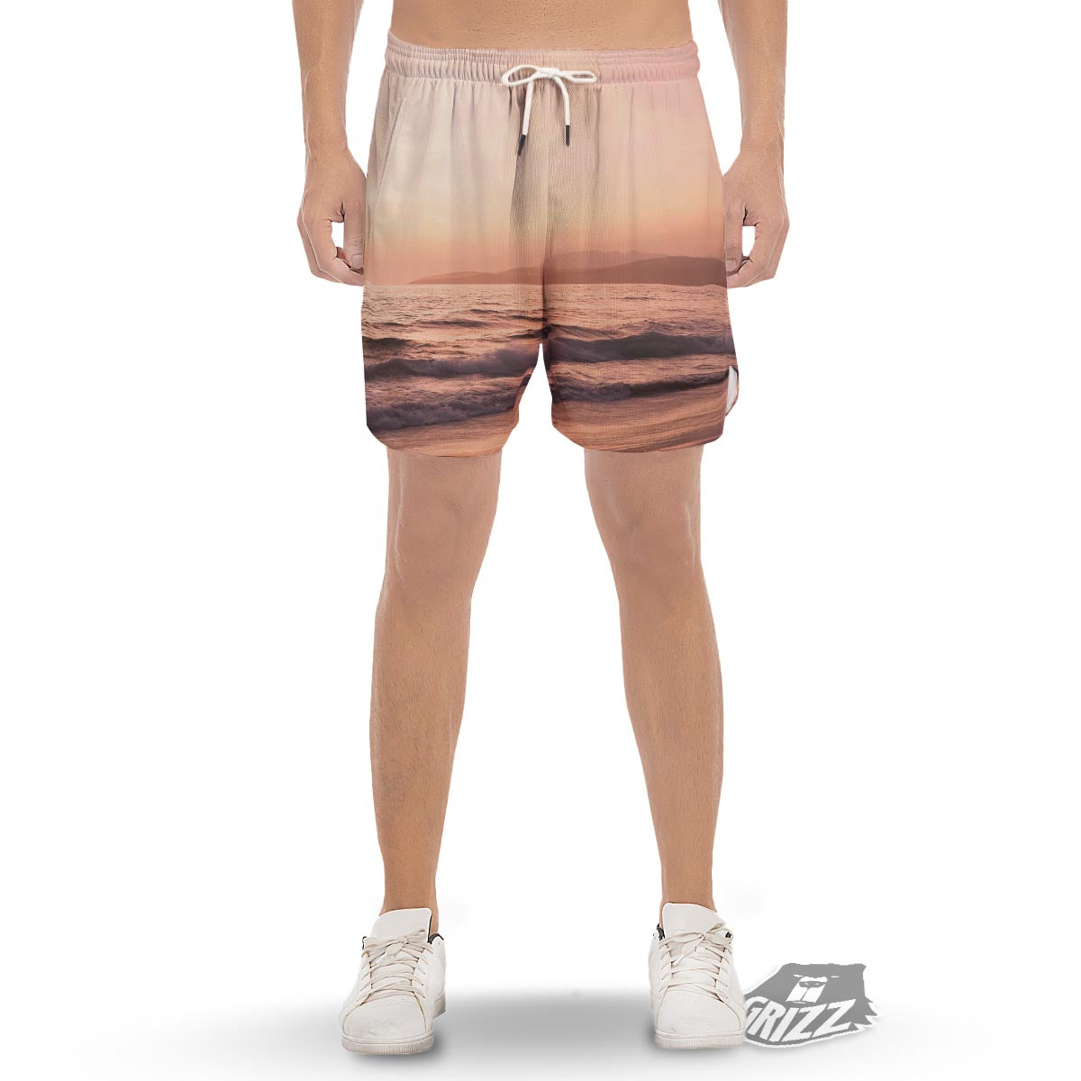 Wave Sunrise Print Men's Gym Shorts-grizzshop