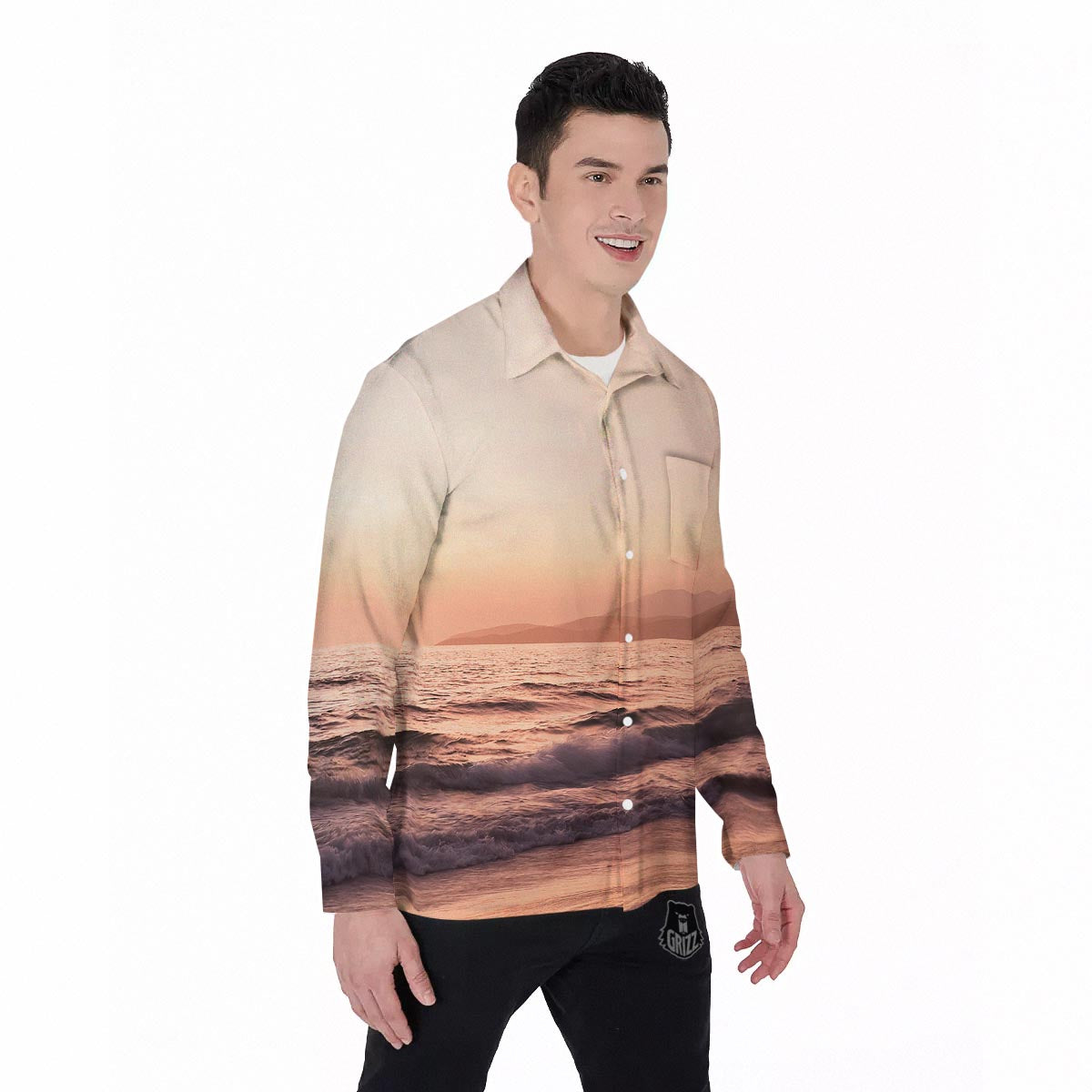 Wave Sunrise Print Men's Long Sleeve Shirts-grizzshop