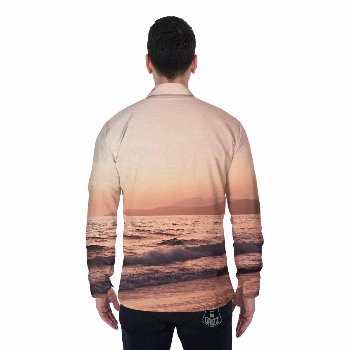 Wave Sunrise Print Men's Long Sleeve Shirts-grizzshop