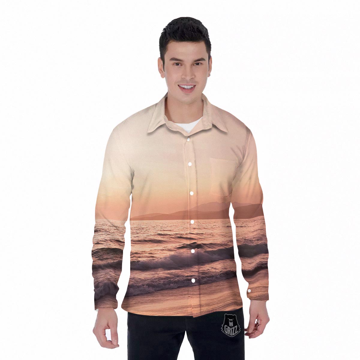 Wave Sunrise Print Men's Long Sleeve Shirts-grizzshop