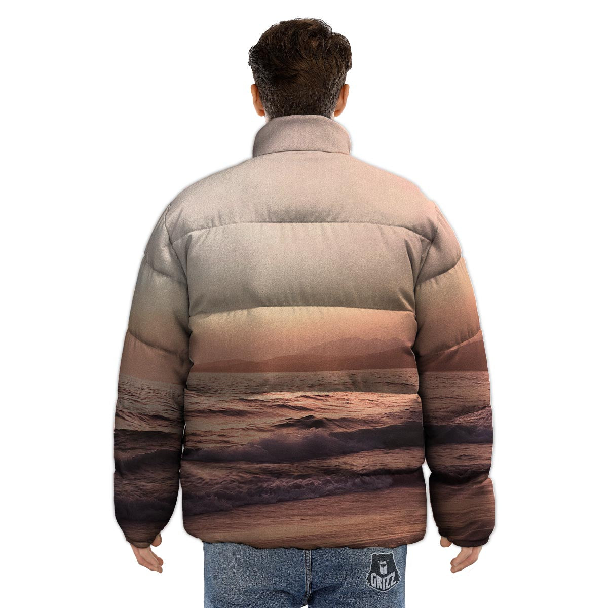 Wave Sunrise Print Puffer Jacket-grizzshop