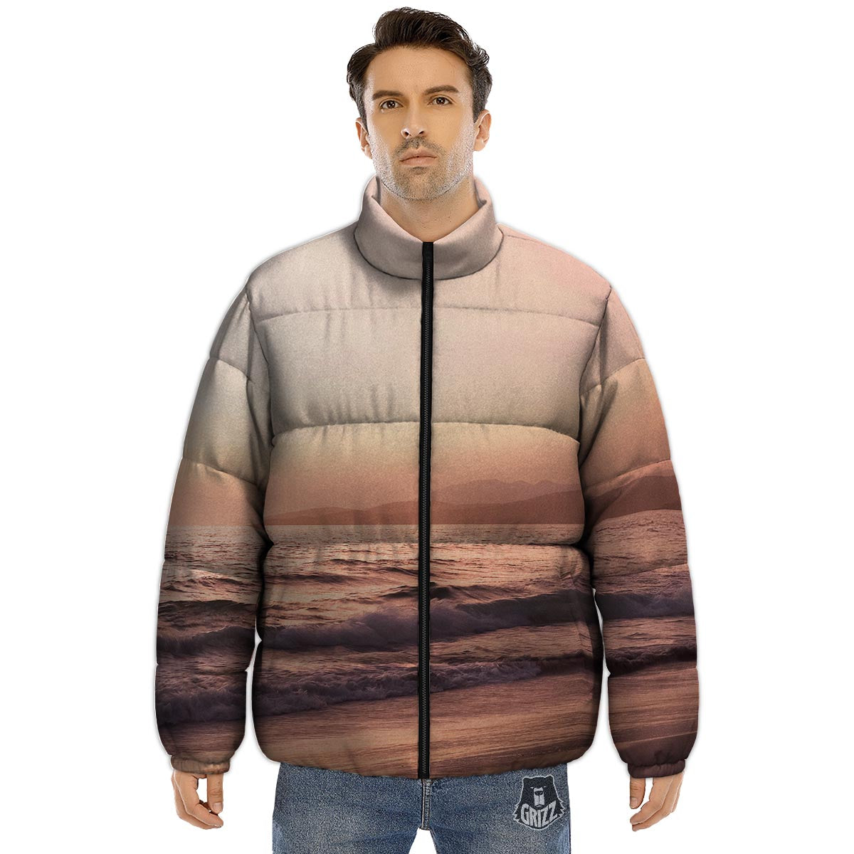 Wave Sunrise Print Puffer Jacket-grizzshop