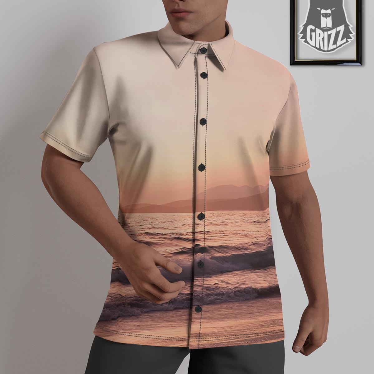 Wave Sunrise Print Untucked Shirts-grizzshop