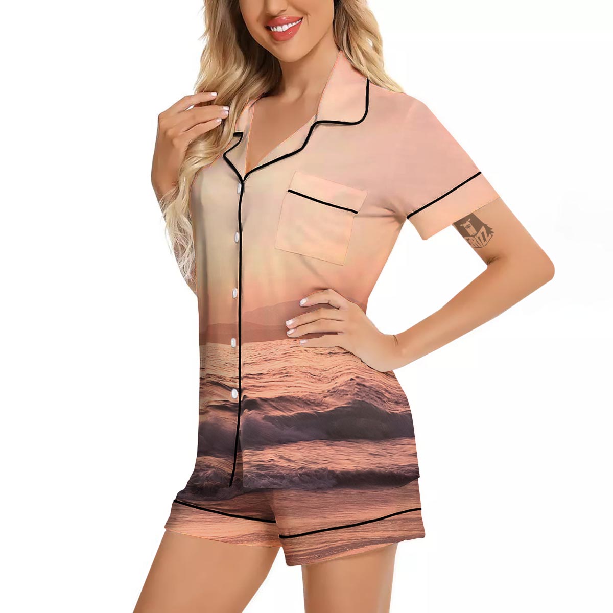 Wave Sunrise Print Women Silk Pajamas-grizzshop