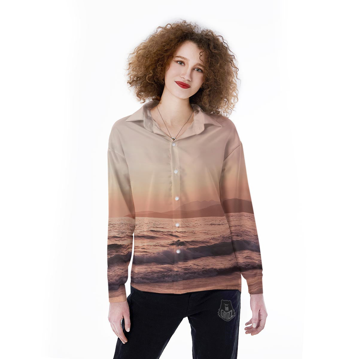 Wave Sunrise Print Women's Long Sleeve Shirts-grizzshop