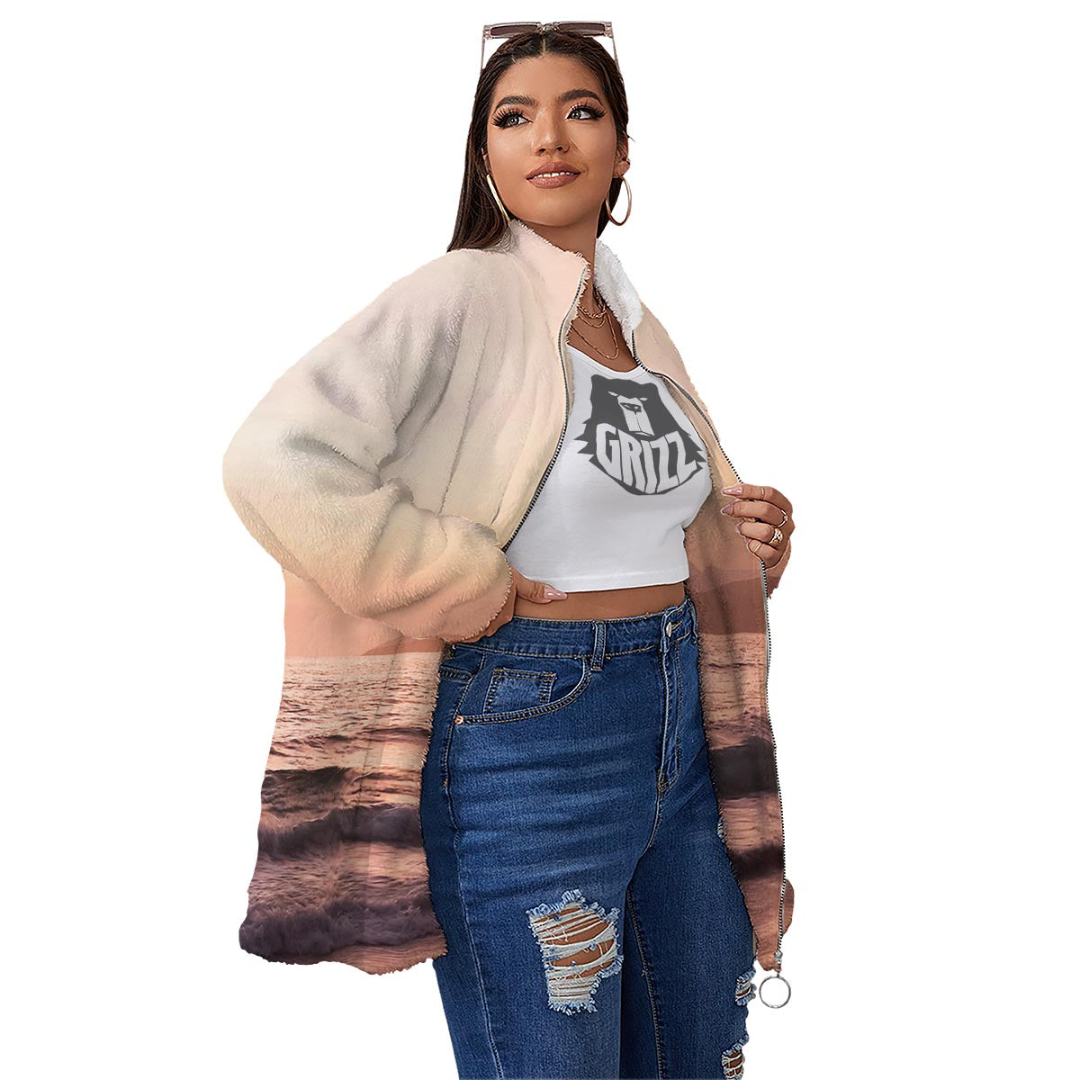 Wave Sunrise Print Women's Sherpa Jacket-grizzshop