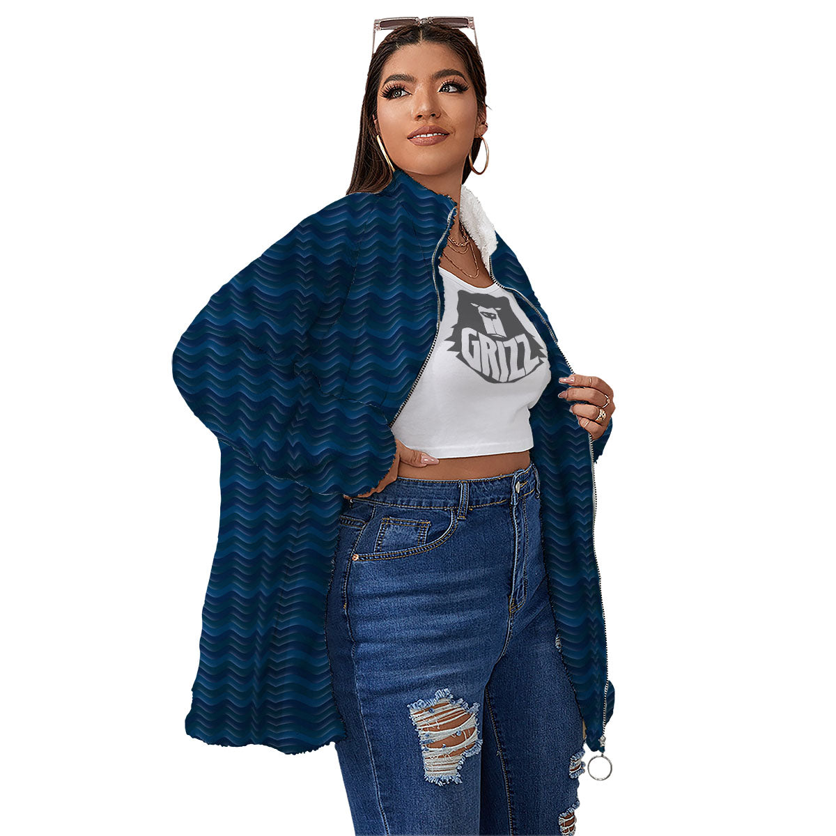 Wave Surfing Deep Sea Print Pattern Women's Sherpa Jacket-grizzshop