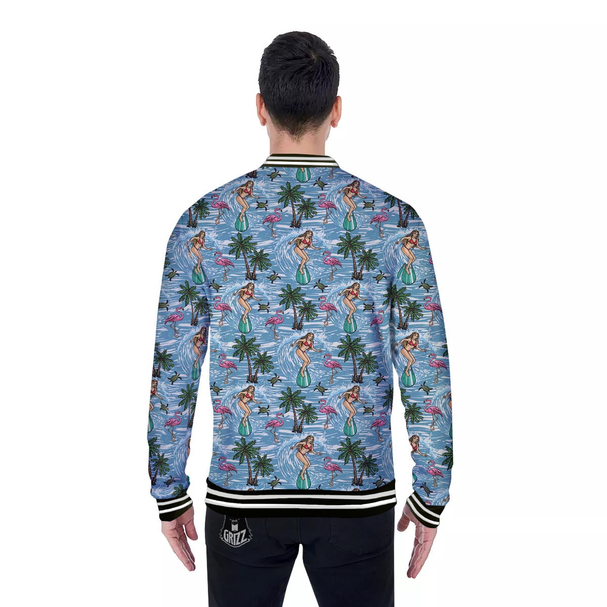 Wave Surfing Print Pattern Baseball Jacket-grizzshop