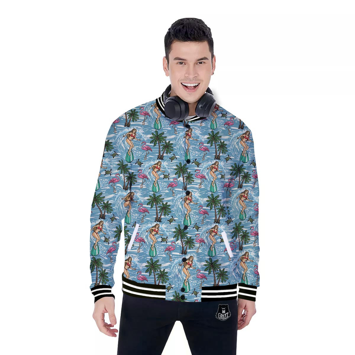 Wave Surfing Print Pattern Baseball Jacket-grizzshop