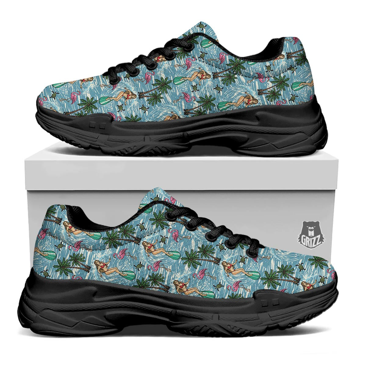 Wave Surfing Print Pattern Black Chunky Shoes-grizzshop