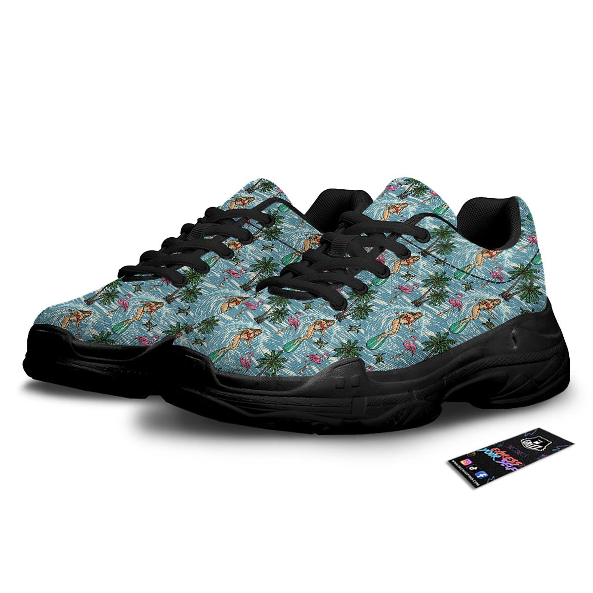 Wave Surfing Print Pattern Black Chunky Shoes-grizzshop