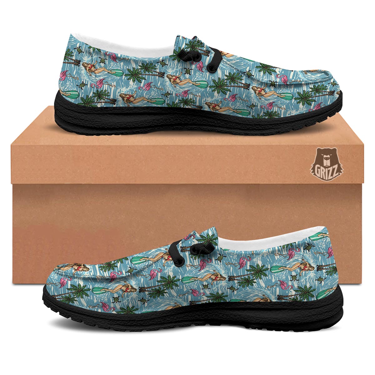 Wave Surfing Print Pattern Black Loafers-grizzshop