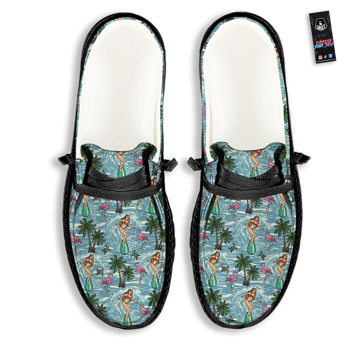 Wave Surfing Print Pattern Black Loafers-grizzshop