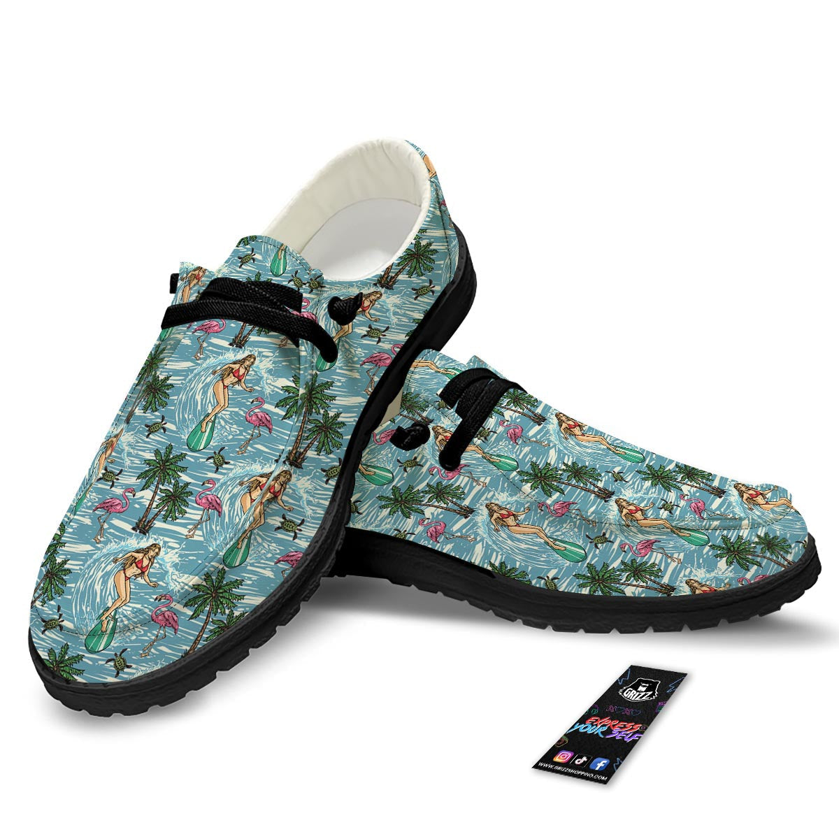 Wave Surfing Print Pattern Black Loafers-grizzshop