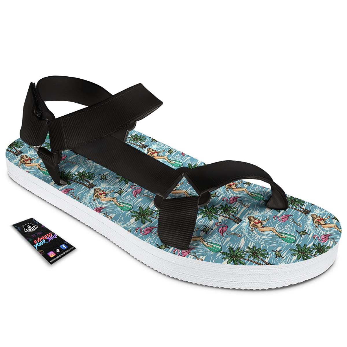Wave Surfing Print Pattern Black Open Toe Sandals-grizzshop