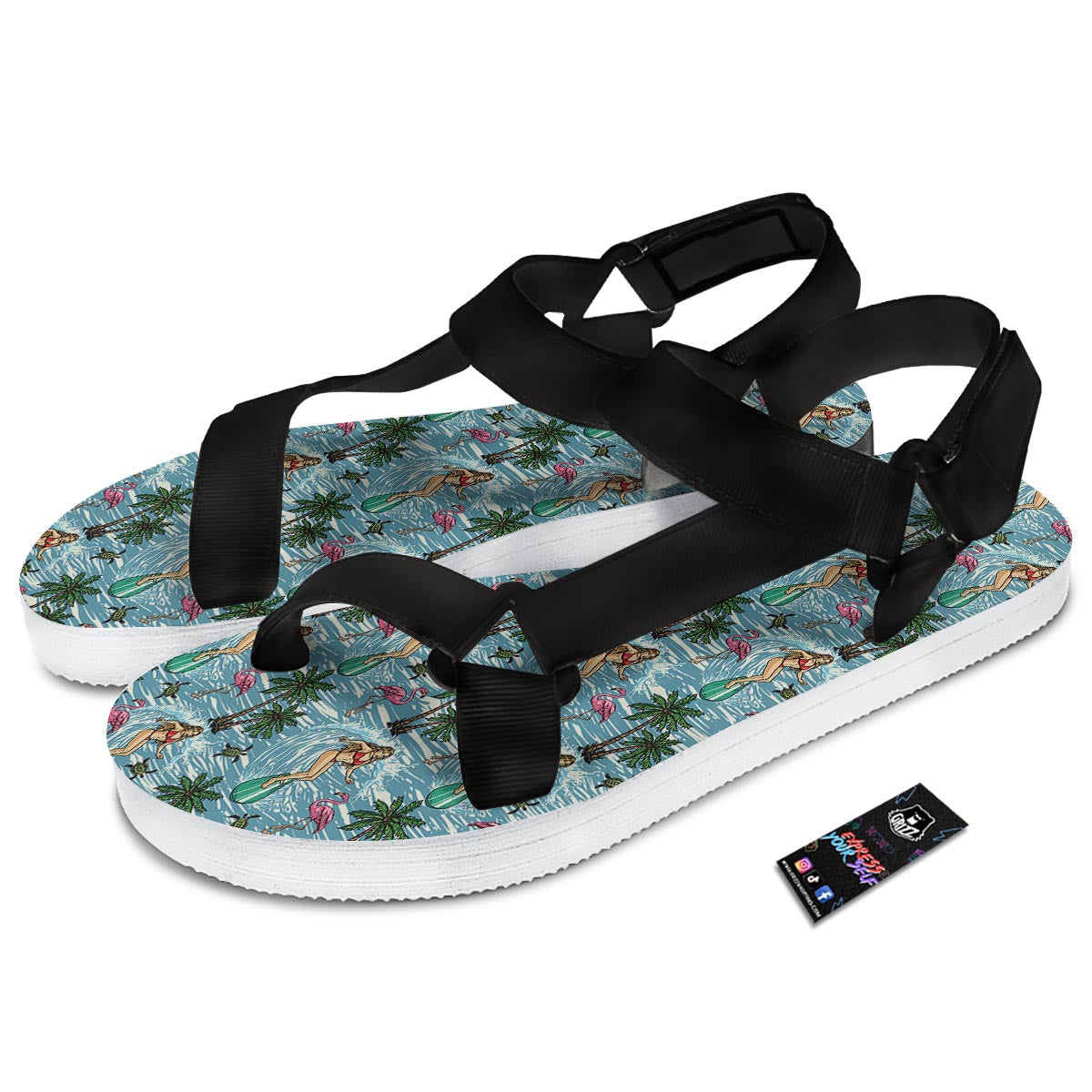 Wave Surfing Print Pattern Black Open Toe Sandals-grizzshop