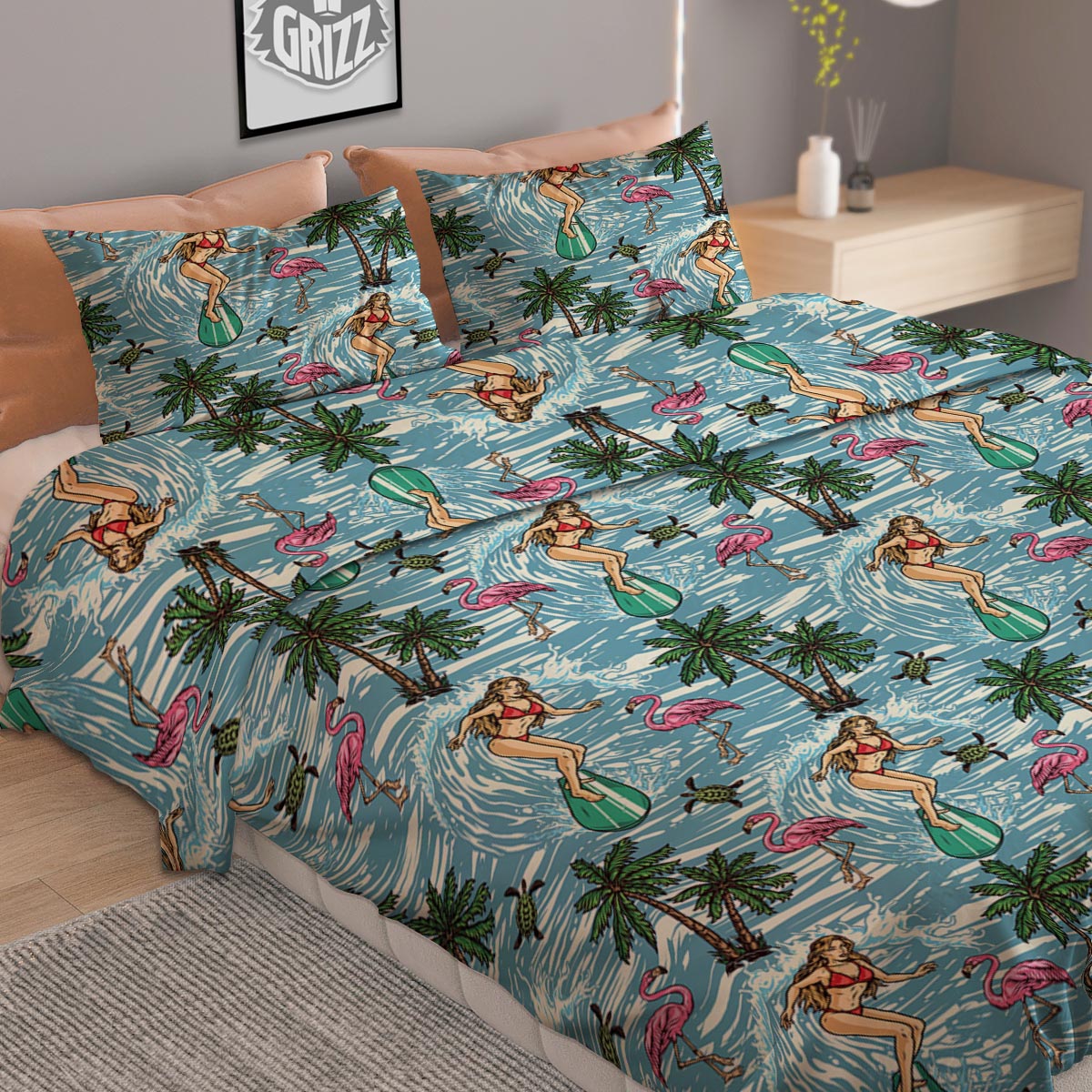 Wave Surfing Print Pattern Duvet Cover Bedding Set