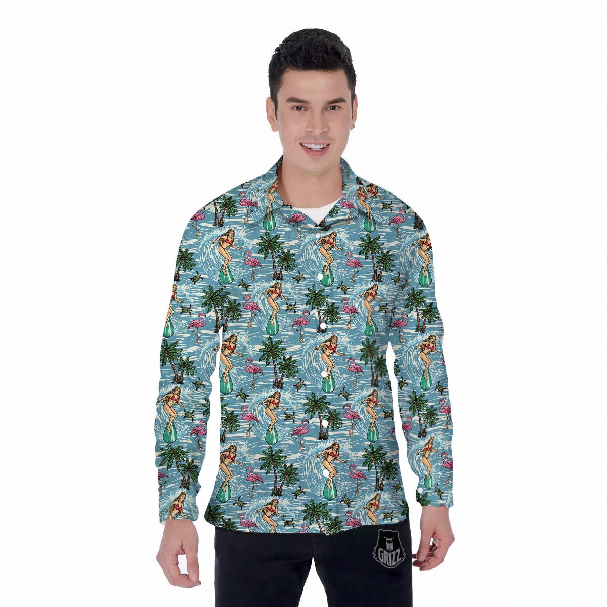 Wave Surfing Print Pattern Men's Long Sleeve Shirts-grizzshop