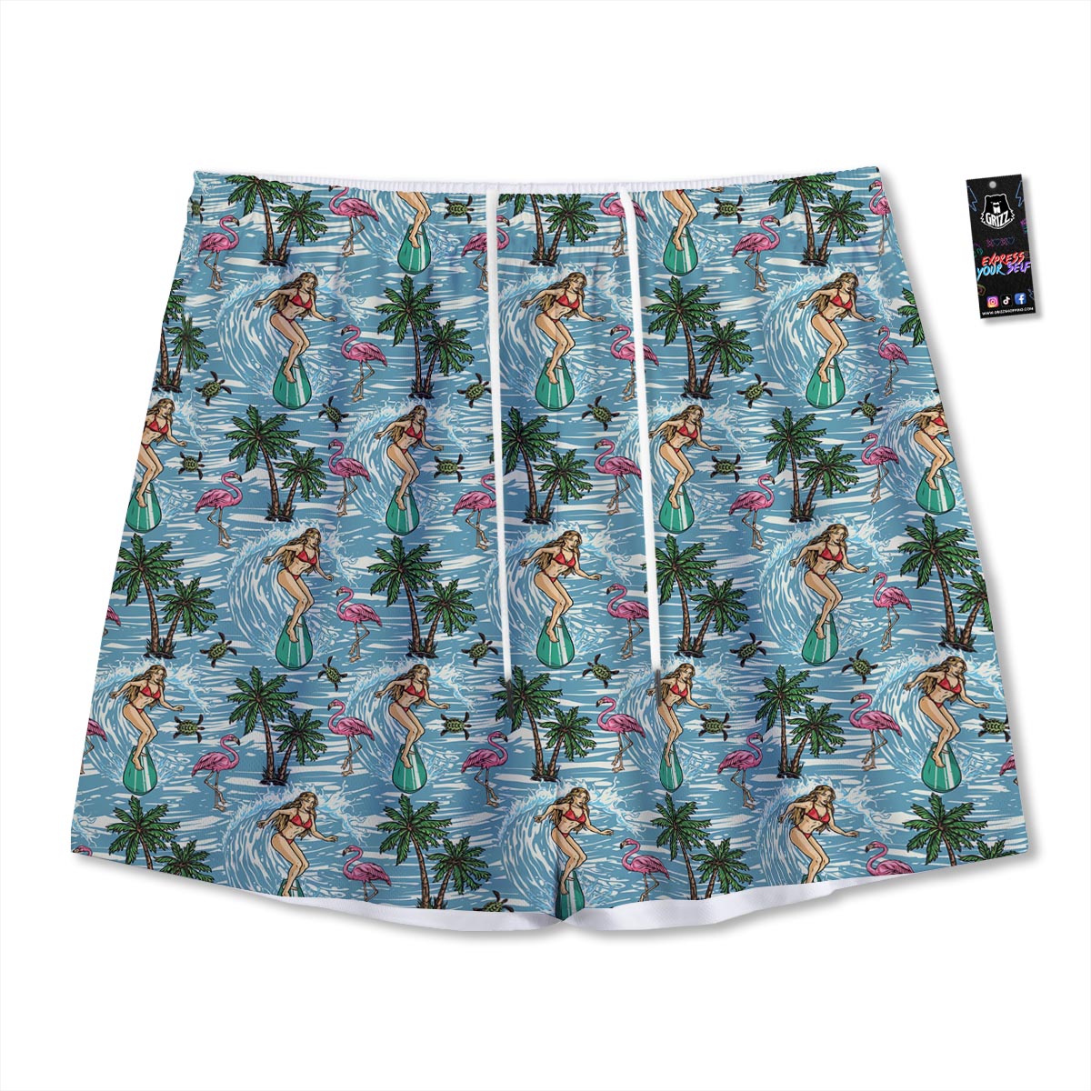 Wave Surfing Print Pattern Mesh Shorts