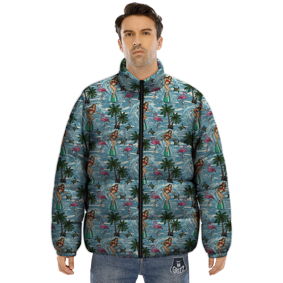Wave Surfing Print Pattern Puffer Jacket-grizzshop