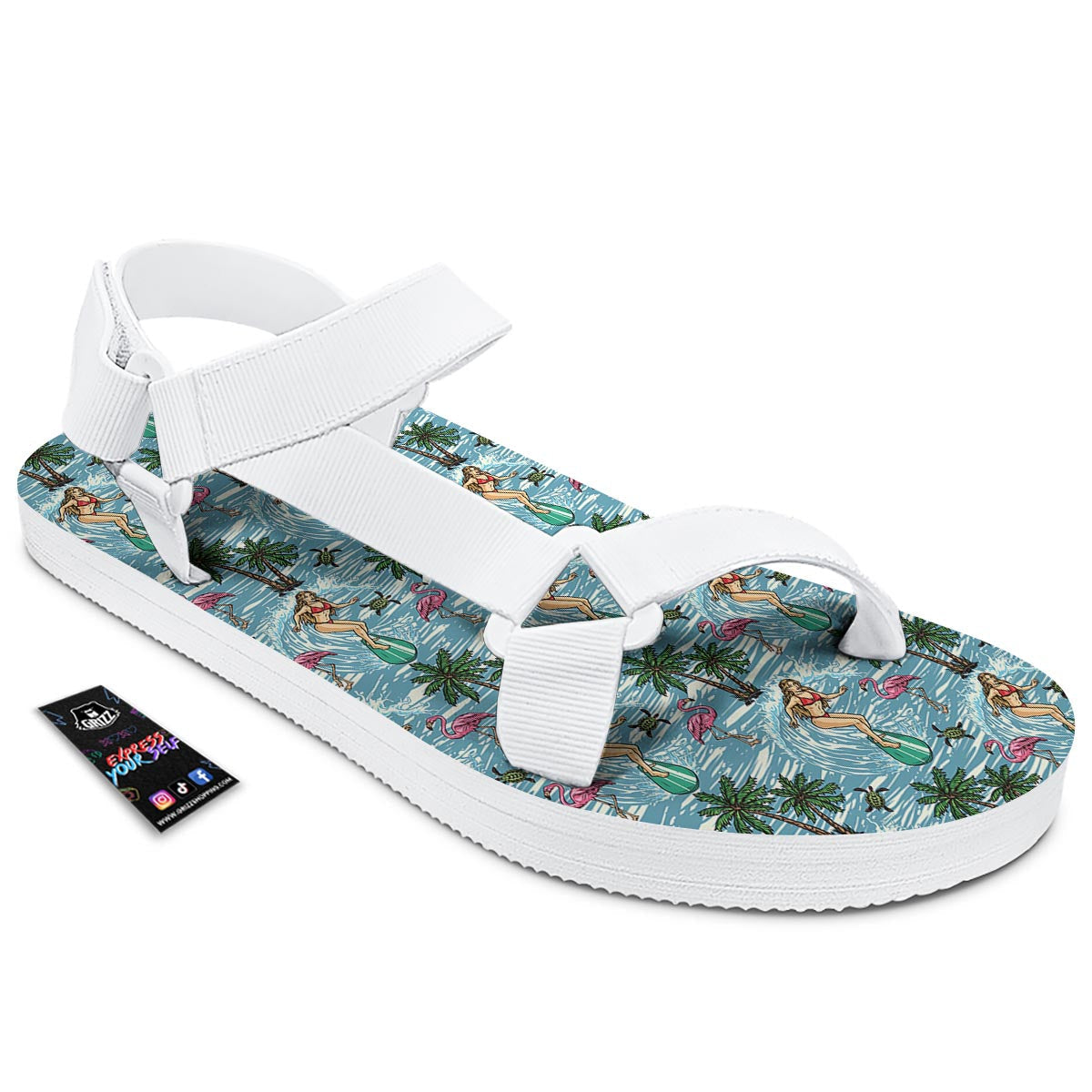 Wave Surfing Print Pattern White Open Toe Sandals-grizzshop