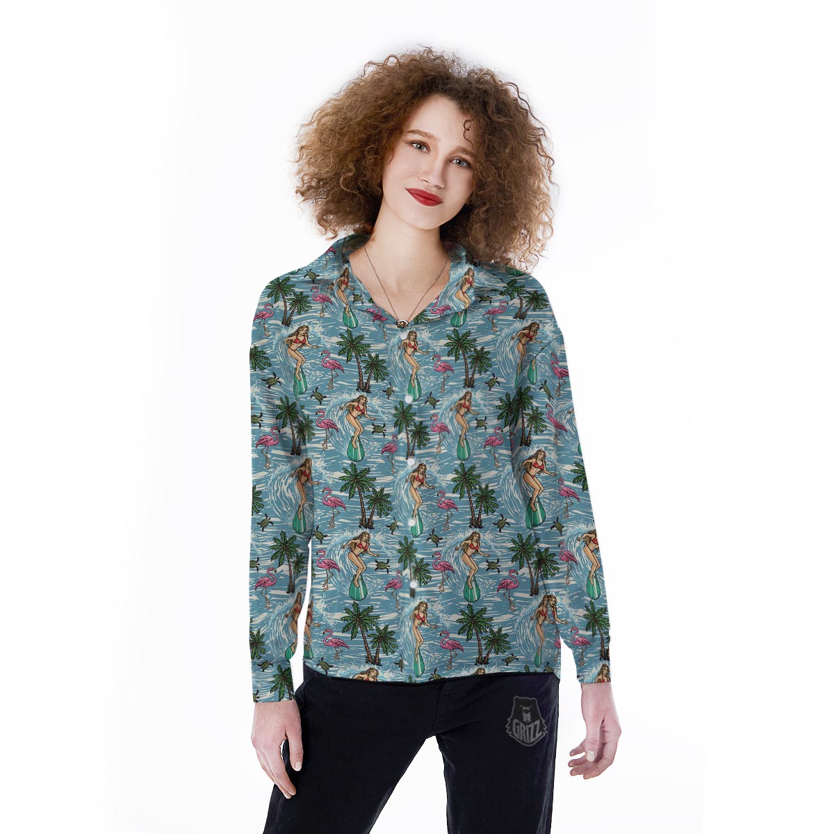 Wave Surfing Print Pattern Women's Long Sleeve Shirts-grizzshop