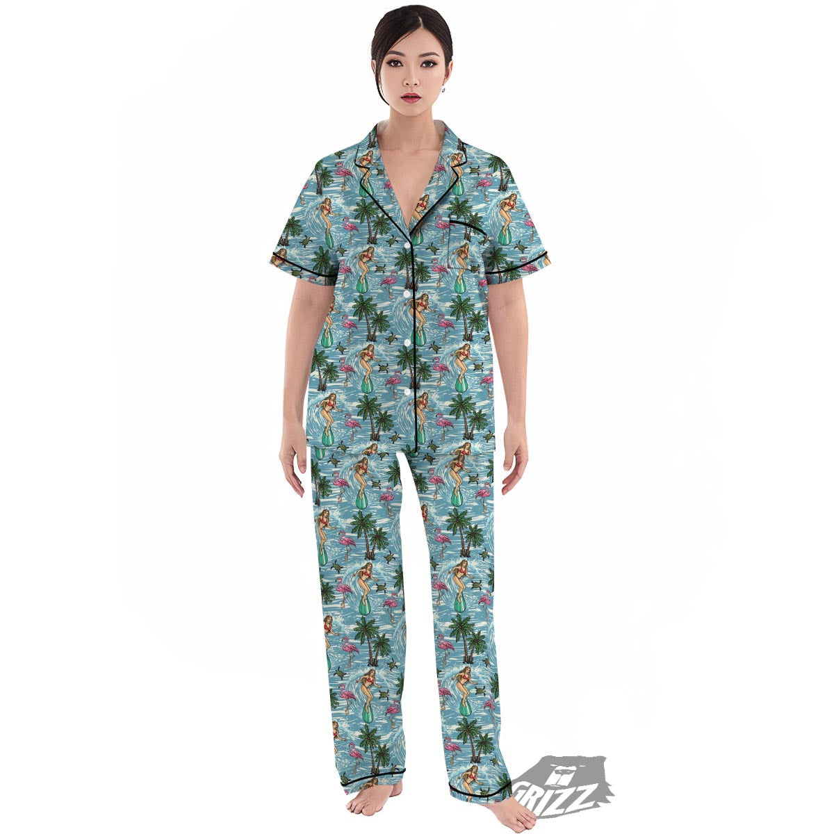 Wave Surfing Print Pattern Women's Pajamas Set-grizzshop