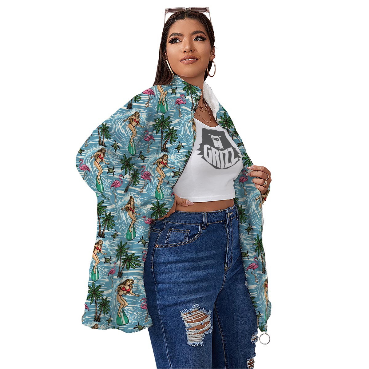 Wave Surfing Print Pattern Women's Sherpa Jacket-grizzshop