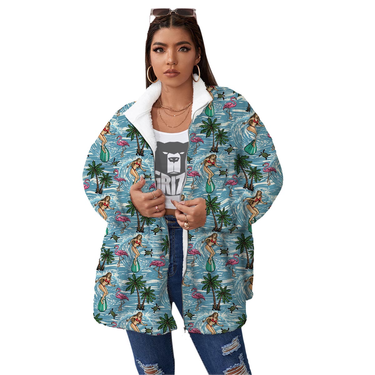 Wave Surfing Print Pattern Women's Sherpa Jacket-grizzshop