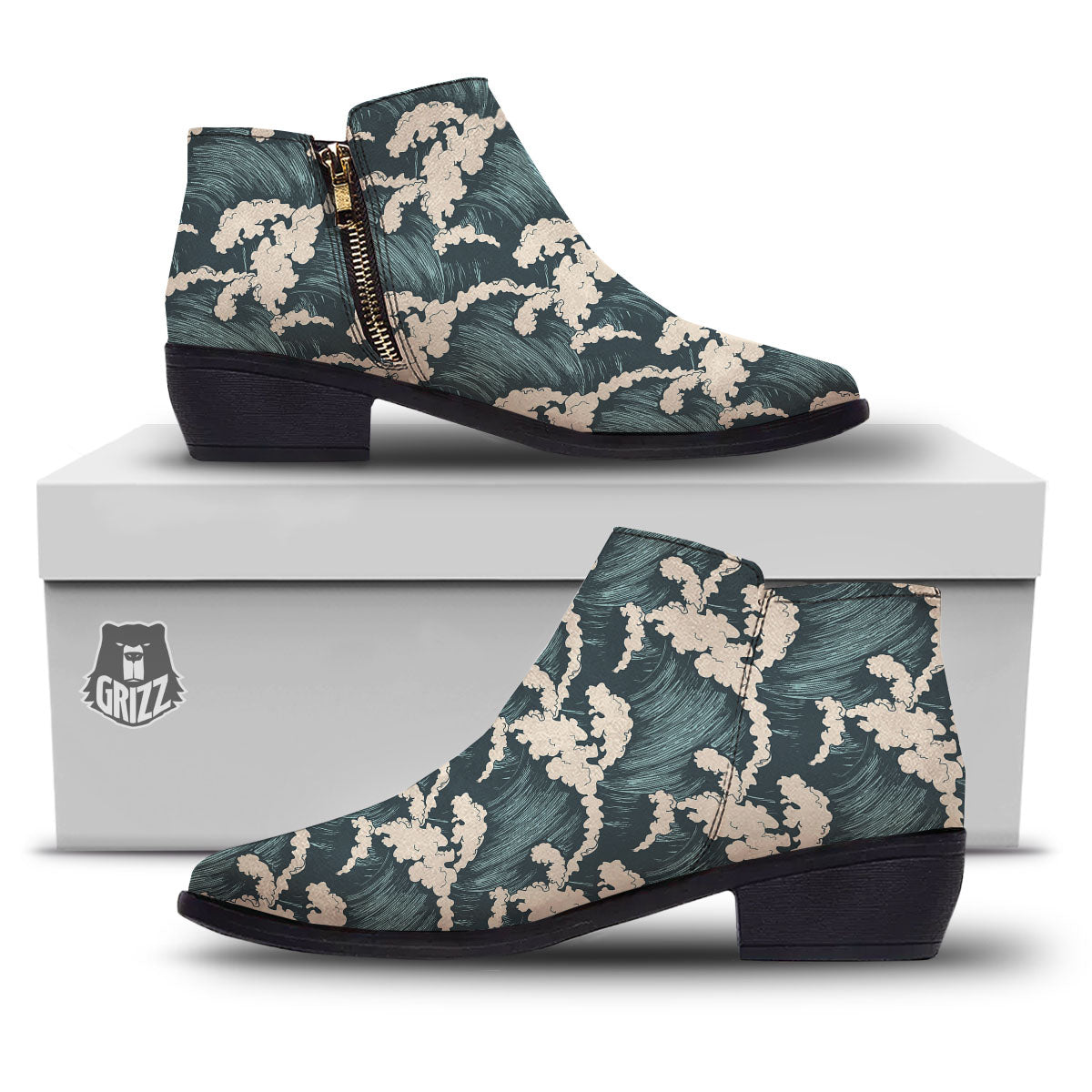 Wave Water Print Pattern Ankle Boots-grizzshop