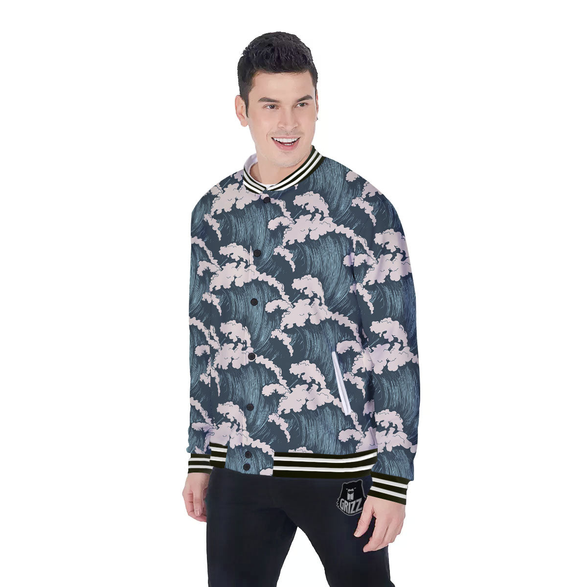 Wave Water Print Pattern Baseball Jacket-grizzshop