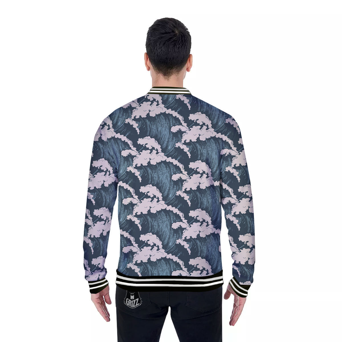 Wave Water Print Pattern Baseball Jacket-grizzshop