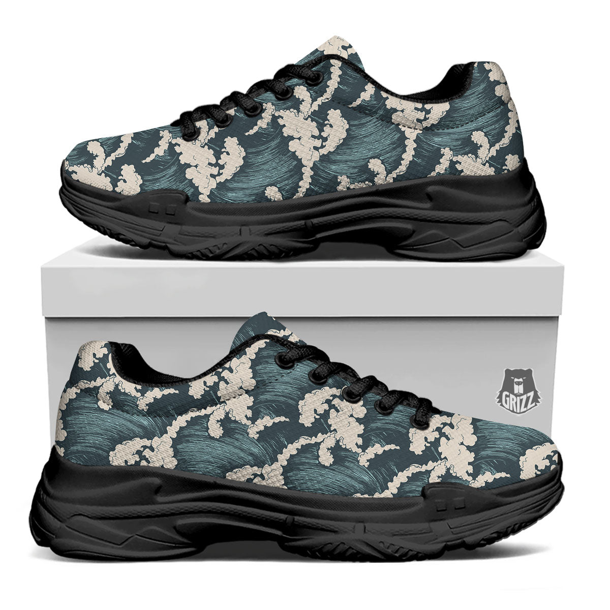 Wave Water Print Pattern Black Chunky Shoes-grizzshop