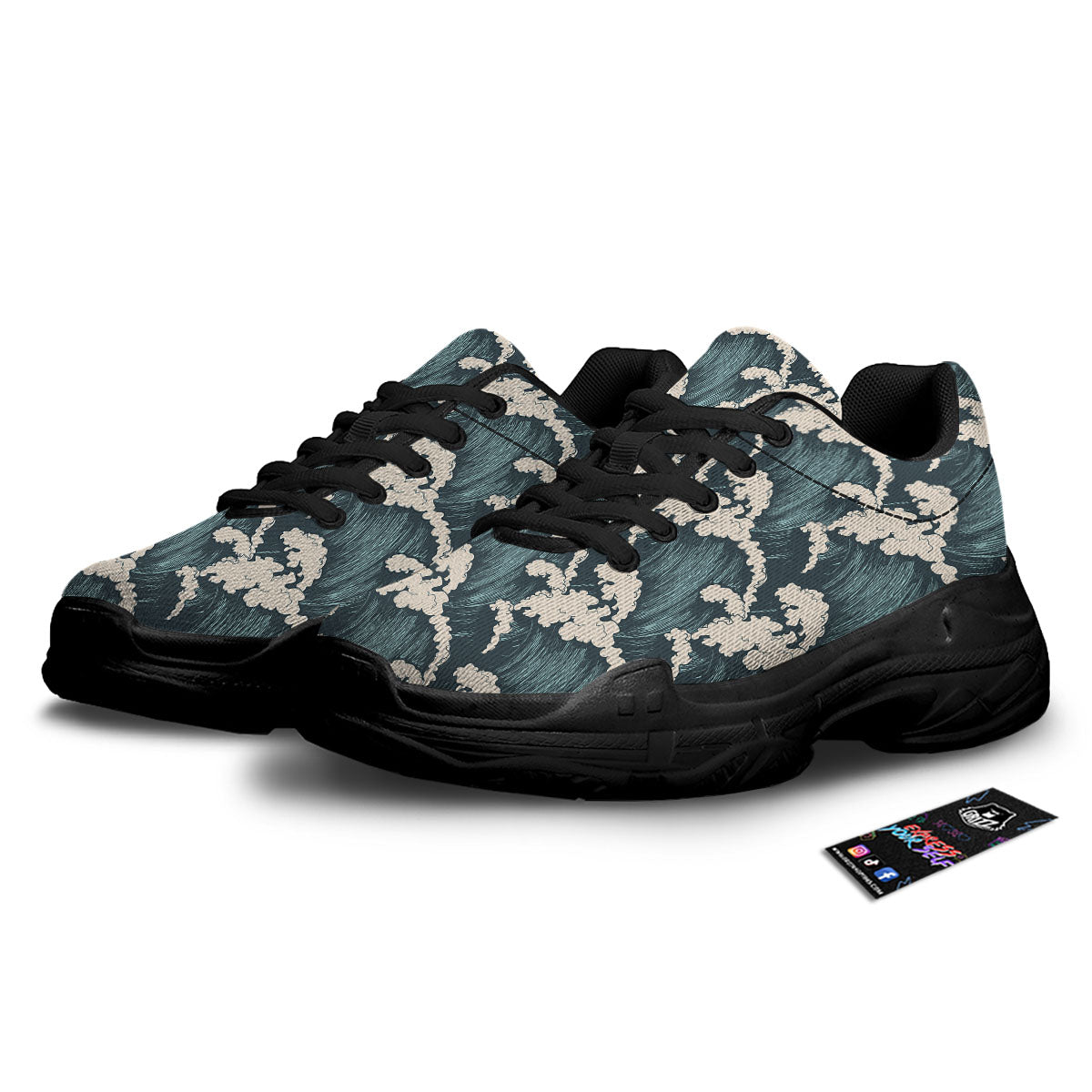 Wave Water Print Pattern Black Chunky Shoes-grizzshop