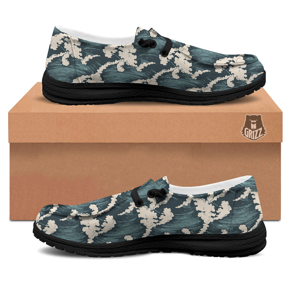 Wave Water Print Pattern Black Loafers-grizzshop