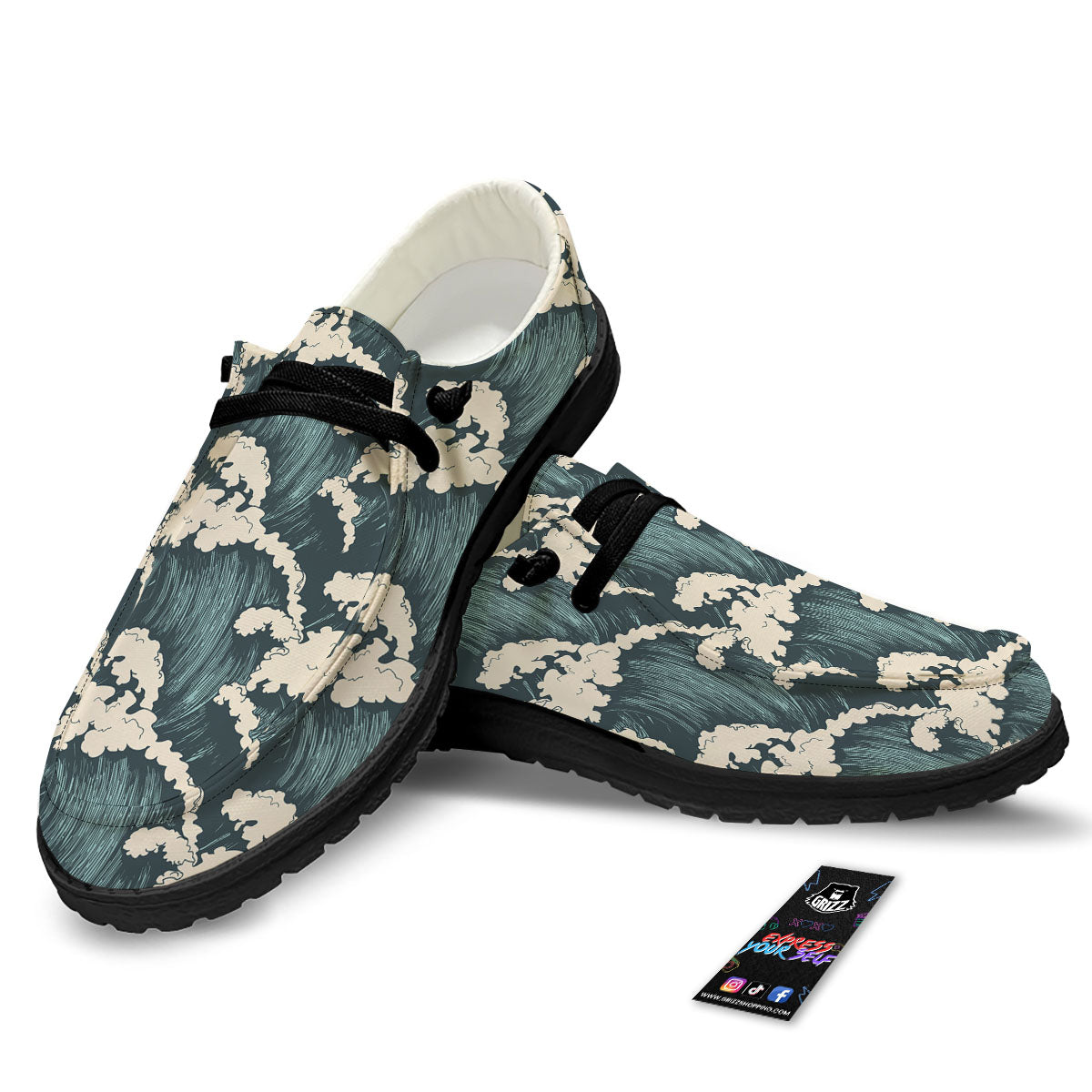 Wave Water Print Pattern Black Loafers-grizzshop