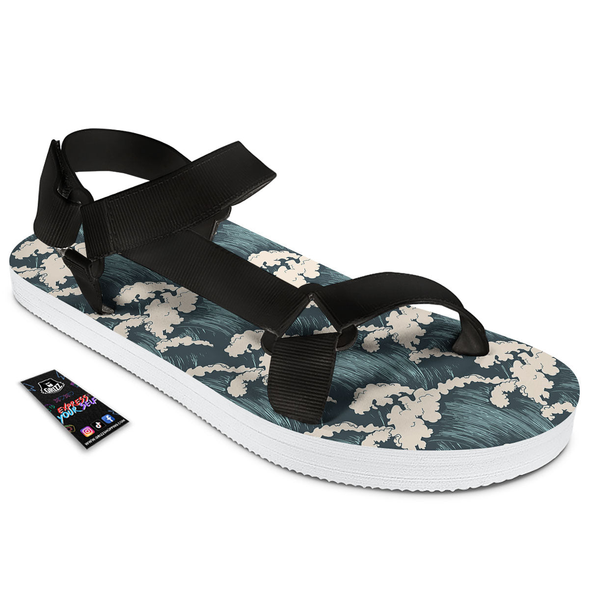 Wave Water Print Pattern Black Open Toe Sandals-grizzshop