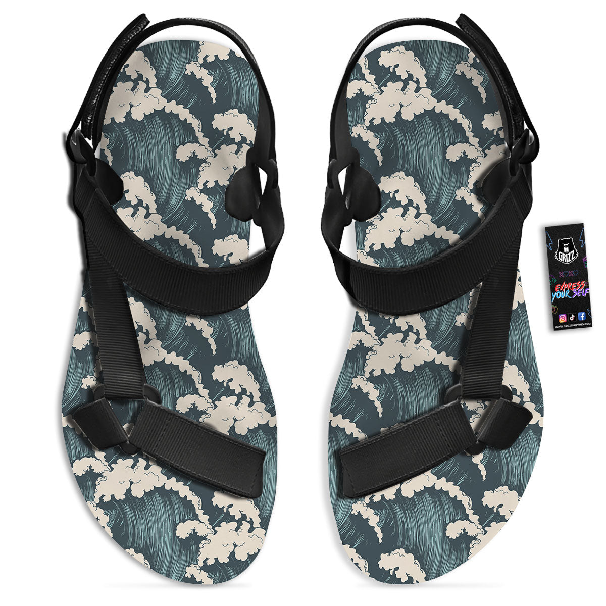 Wave Water Print Pattern Black Open Toe Sandals-grizzshop